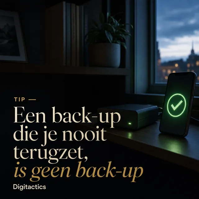 Een externe schijf naast een telefoon met een groot vinkje