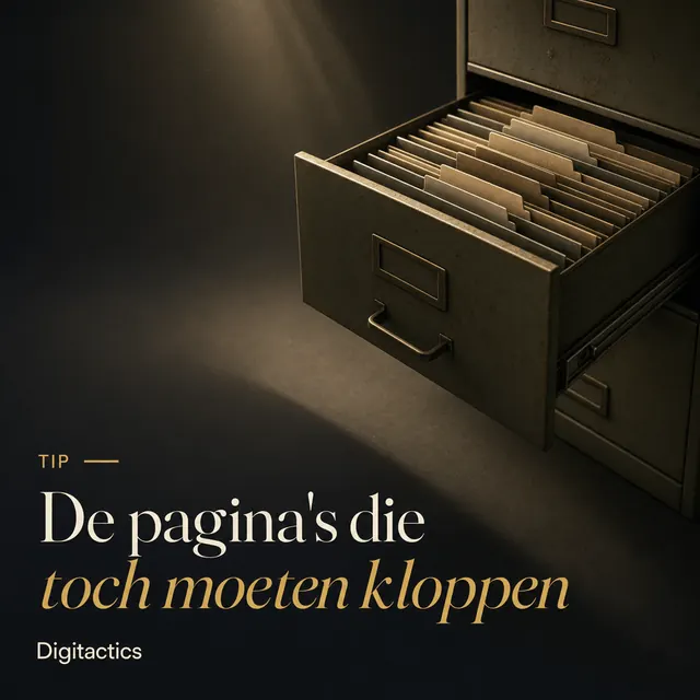 Illustratie van een open archieflade vol oude mappen, met de tekst: De pagina's die toch moeten kloppen