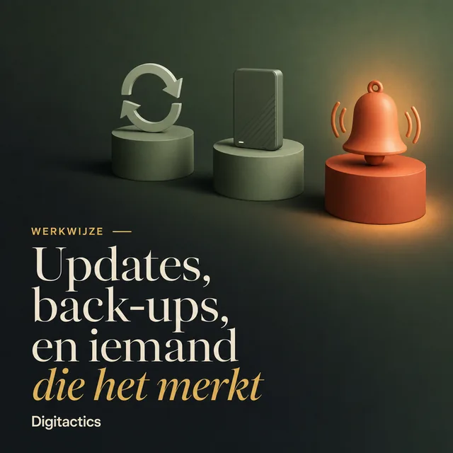 Illustratie met updatepijlen, een externe schijf en een bel, met de tekst: Updates, back-ups, en iemand die het merkt